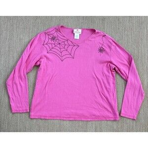 Quacker Factory Shirt Women's XL Halloween Spider Web Long Sleeve Top Pink